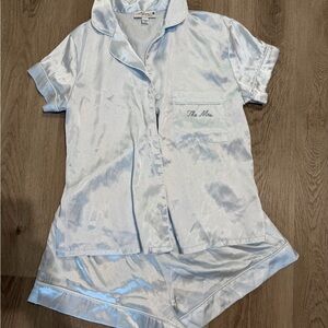 Embroidered 'The Mrs.' Satin Pajama Set - Light Blue